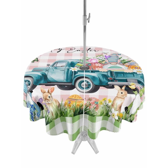 Outdoor Tablecloth with Umbrella Hole and Zipper, Easter Round Table Cloth 54 Inch Waterproof Tablecloth, Green Pink Plaid Blue Truck Eggs Bunny Pastoral Picnic Table Cover for Patio Camping