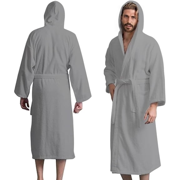 Men’s Hooded Bathrobe, 100% Cotton Terry Spa Style Bath Robe, Absorbent Shower Lightweight Towel Bathrobes