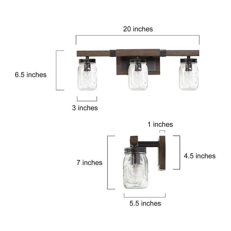 LNC 3-Light Black Geometric Clear Mason Jar Glass Modern Bathroom Vanity Light