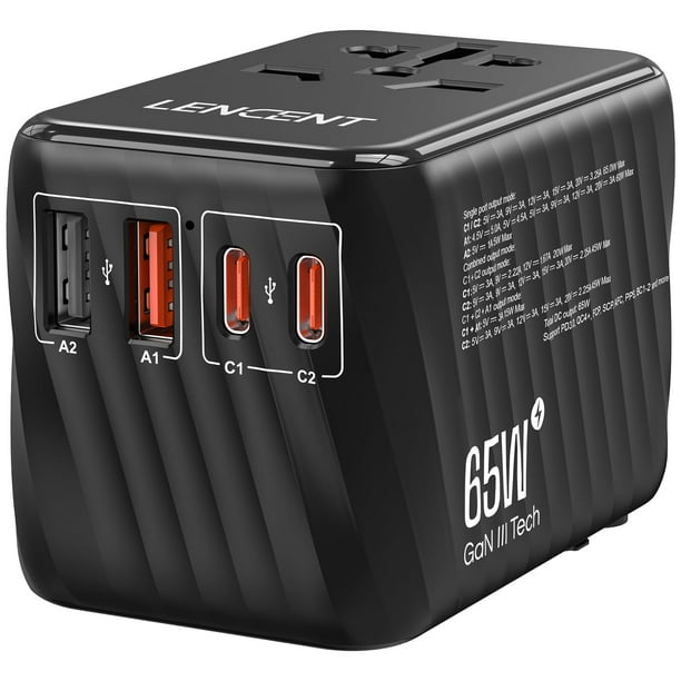 Adaptador de viaje LENCENT Universal GaN Fast Charger 65W negro