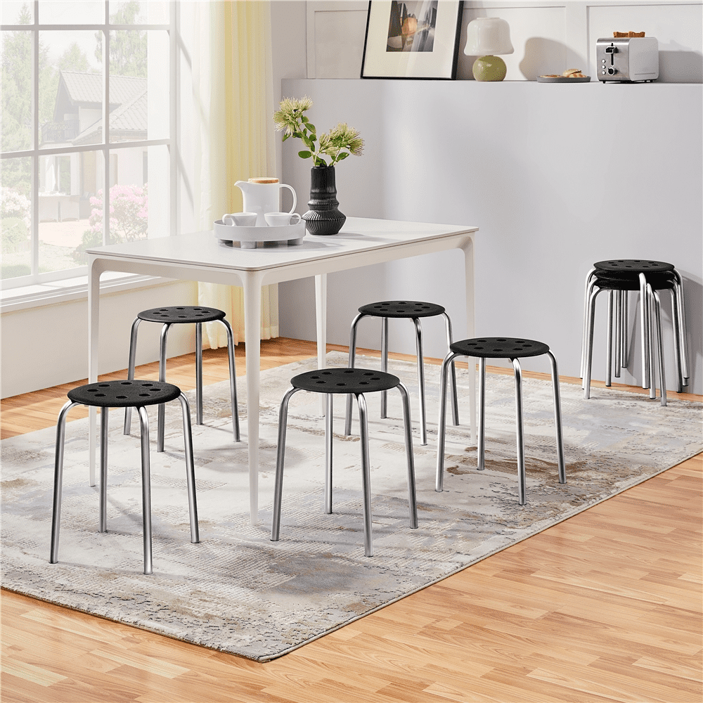Alden Design Plastic Stackable Round Stools with 8 Holes for Home School, Silver