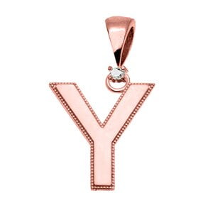 Rose Gold High Polish Milgrain Solitaire Diamond "Y" Initial Pendant Necklace : 10K 22"