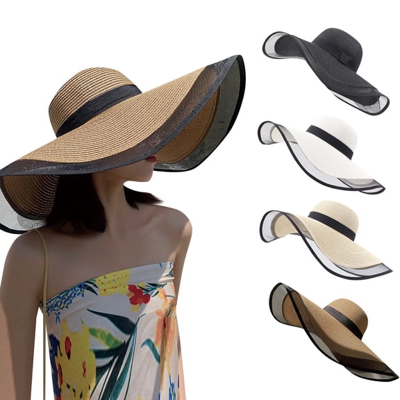 Extra Large Brim Roll-Up Sun Hat for Women - Floppy Straw Visor with Ribbon, Breathable Open Top Beach Hat for Travel & Vacation Beige