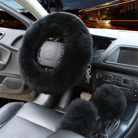 - 3PCS Plush Wool Car Steering Wheel Non-slip Protector + Gear Knob Shifter Parking Brake Cover Set Christmas Gift Car Decor Fashion Accessories 14.2