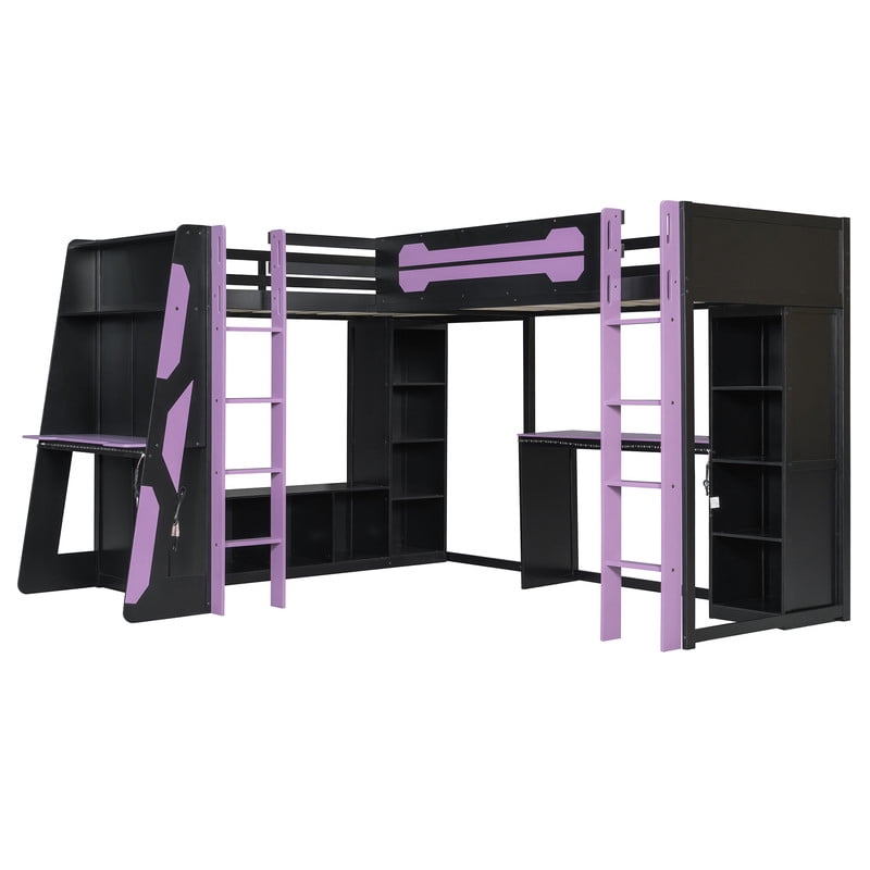 Twin Size L-Shaped Gaming Loft Bed with RGB LED Lights, Dual Twin Beds, USB Charging Ports & TV Stand, Wood Loft Bedframe Playhouse Bed with Storage Shelves & Reversible Layout
