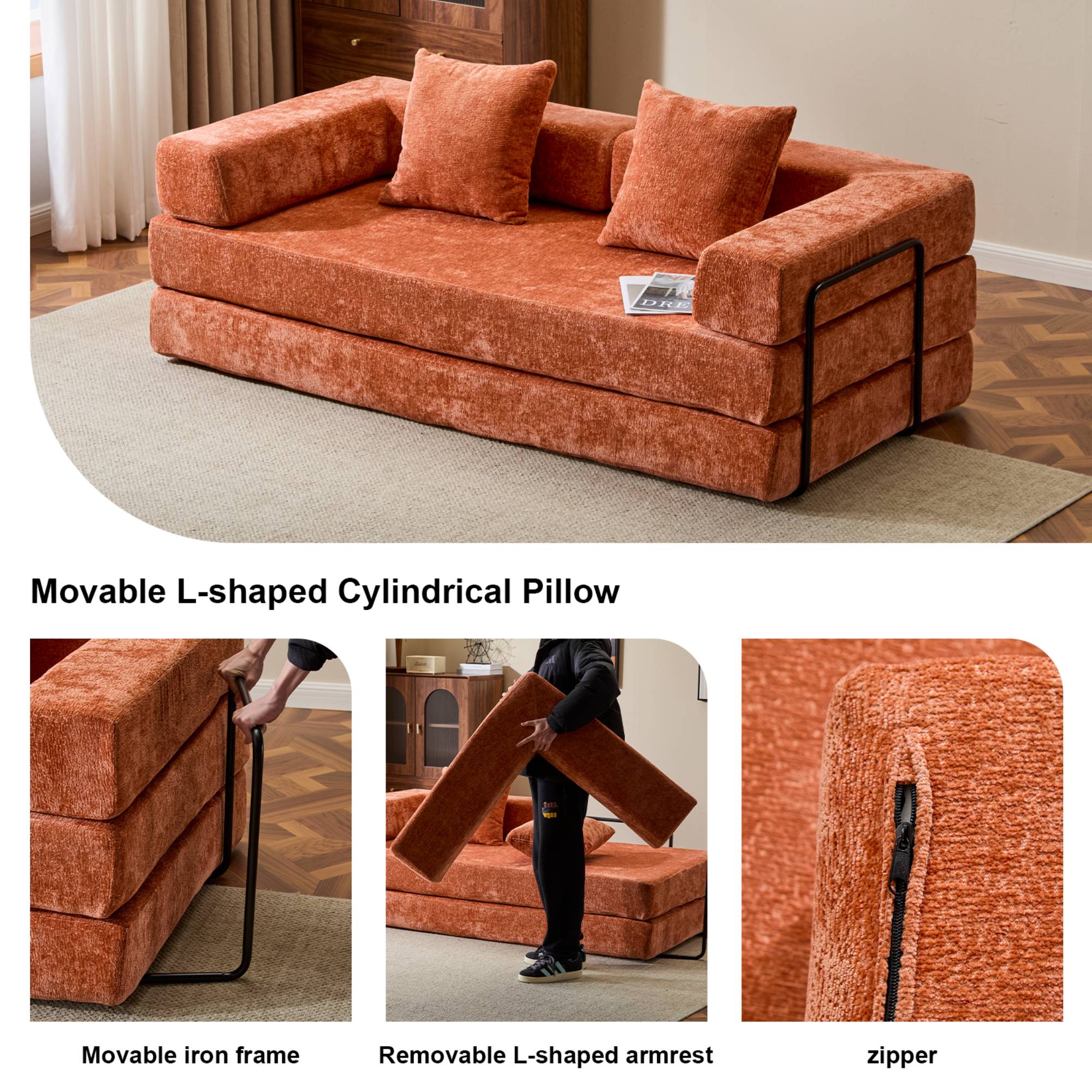 Convertible Sleeper Sofa Bed with Pillow, Corduroy Folding Mattress Floor Sofa Lounge Couch for Living Room, Bedroom, Orange