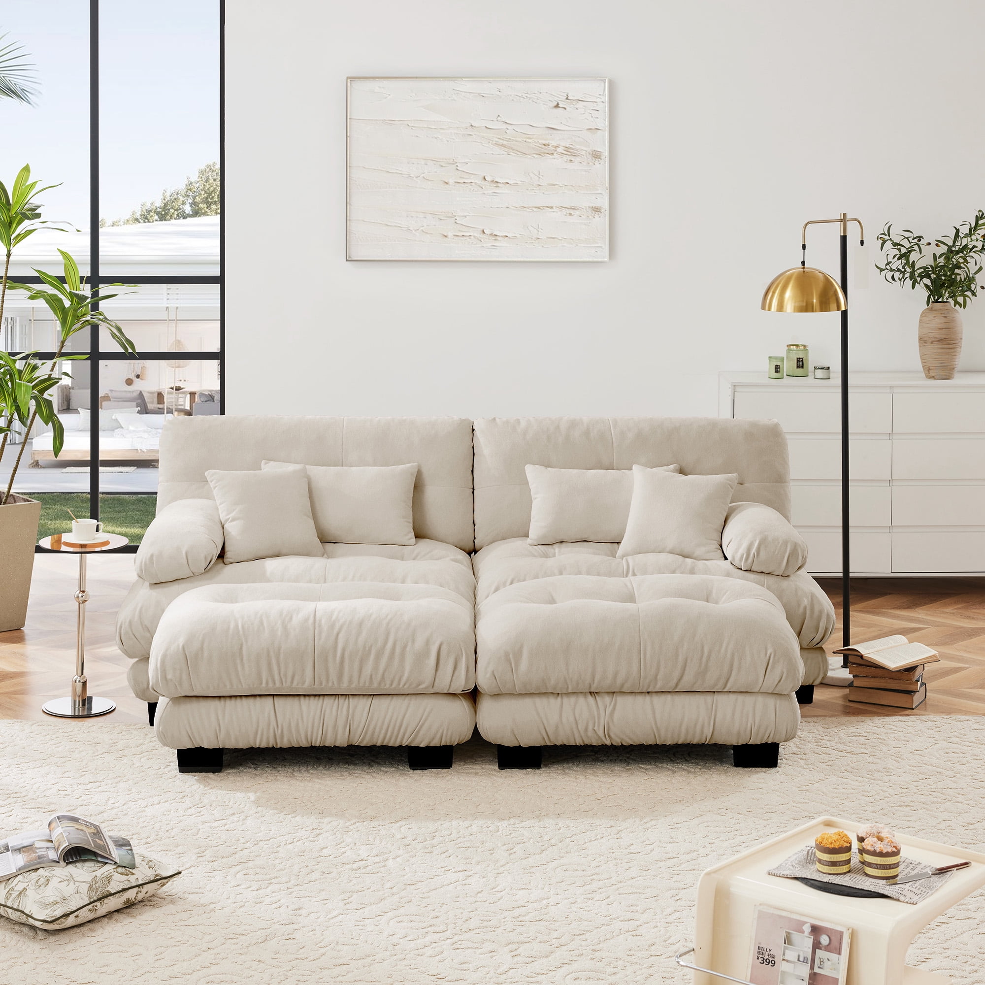MAYEERTY 99.4in Cloud Sectional Sofa for Living Room, Chenille Sleeper Sofa Couch with 2 Lumbar Pillows, 2 Throw Pillows and 2 Ottomans, Light Coffee