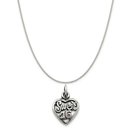 Silver 14 Mm Heart - Sterling Silver Antiqued Sweet 16 Heart Charm (20 mm x 14 mm) Includes Box Chain Necklace, 16