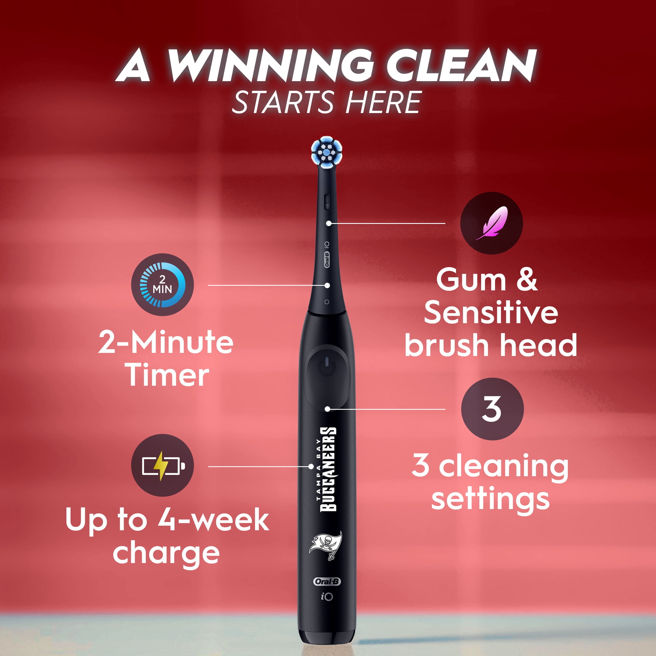 Oral-B Rechargeable Electric Toothbrush,NFL Tampa Bay Buccaneers Edition iO2, 3 Cleaning Modes, Automatic Pressure Sensor to Protect Gums