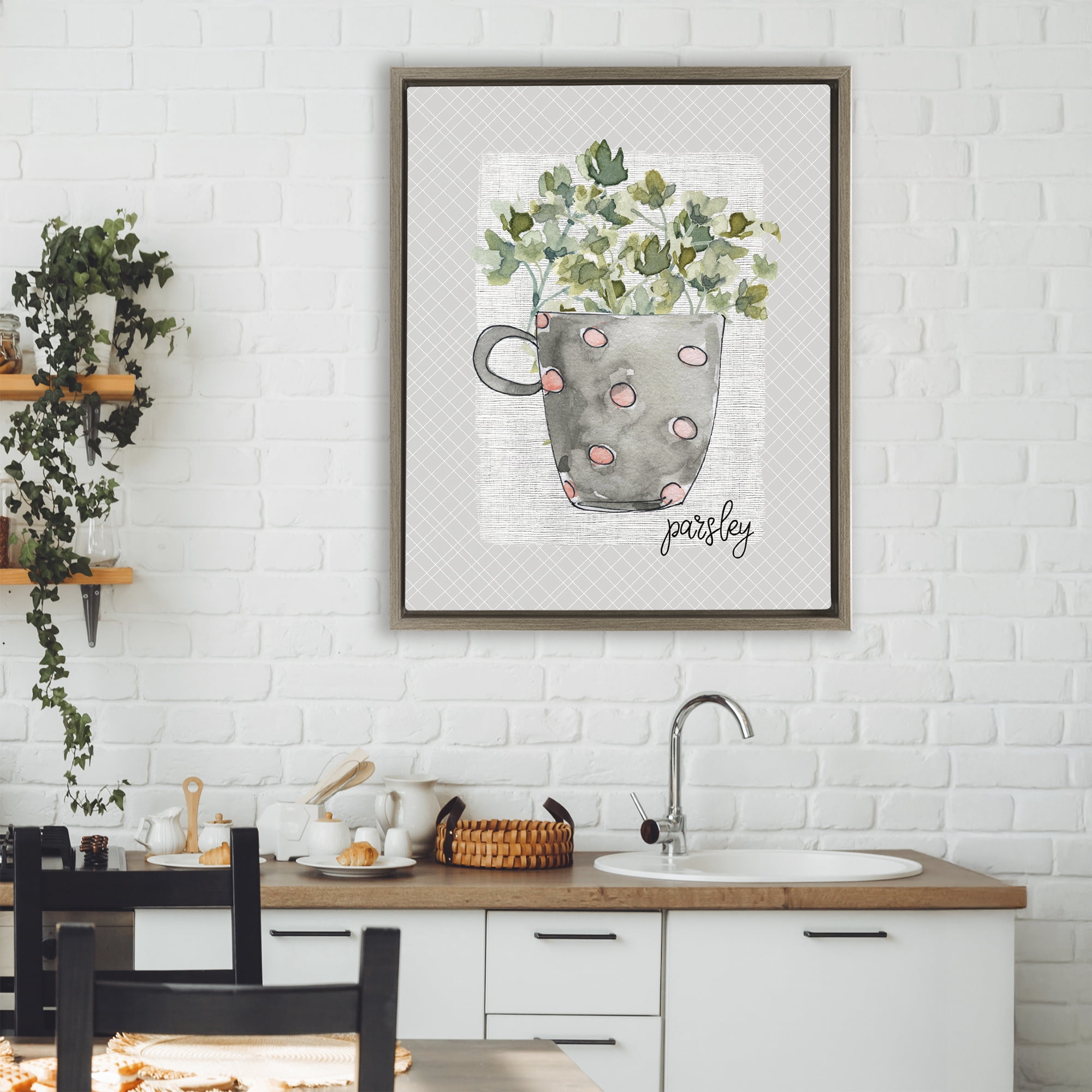 Stupell Industries Parsley Herb Mug Brown Framed Floater Canvas Wall Art, design by Livi Finn