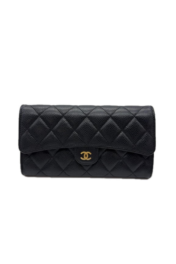 Pre-Owned CHANEL Matelass Classic Long Flap Wallet AP0241, Black Caviar Leather, Women's