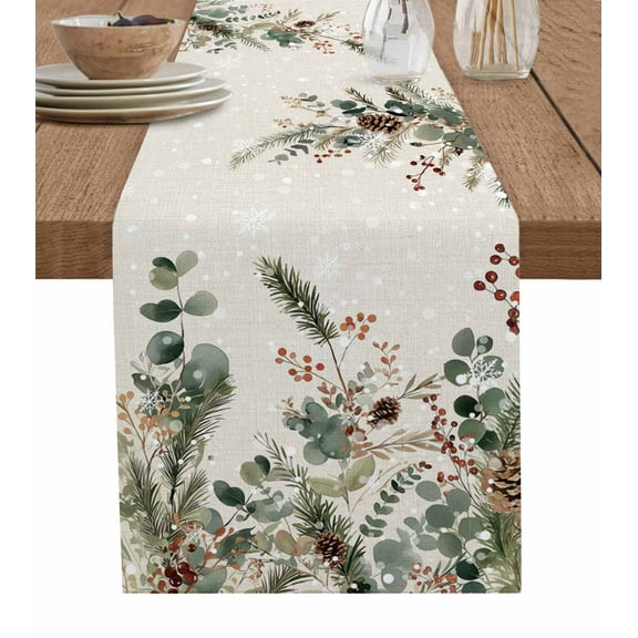 Table Runner 72 Inches Long for Kitchen Dining, Christmas Dresser Scarf Farmhouse, Dining Table Decorations for Wedding/Parties, Xmas Botanical Pinecone Eucalyptus Leaves Rustic 13 x 72 In
