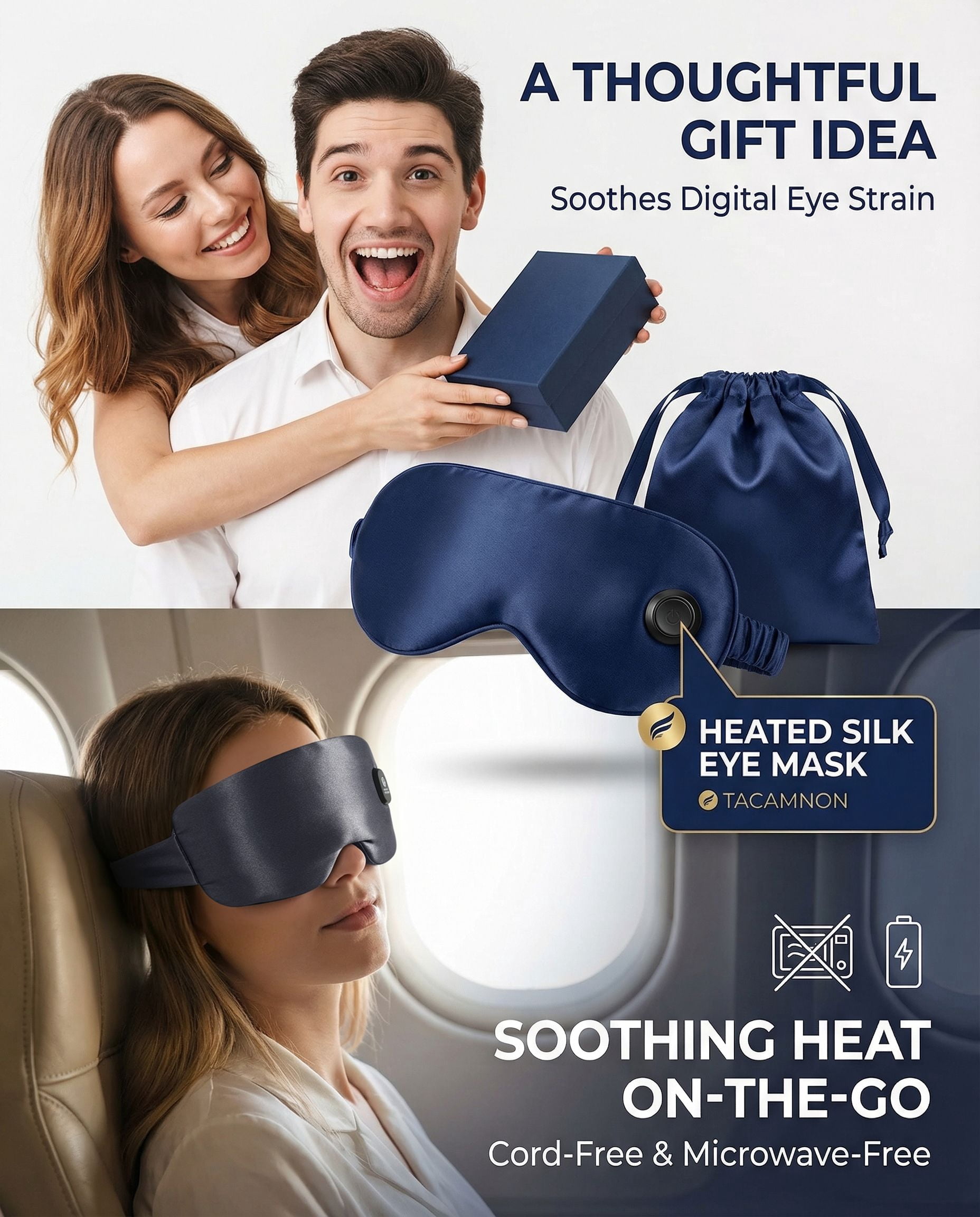 FACEMOON Rechargeable Cordless Heated Eye Mask Silk Comfort for Tired Eyes Moist Heat Warm Compress Washable Sleep Aid Gray