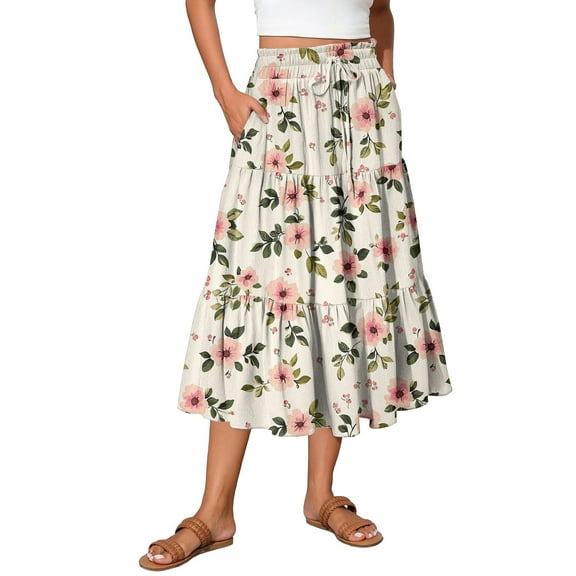 WTOBBY Boho Floral Summer Maxi Skirt Women's Drawstring High Waisted Long Skirt Lightweight Beach Vacation Skirt Tiered Flowy Pleated Skirt with Elastic Waist,Beige L