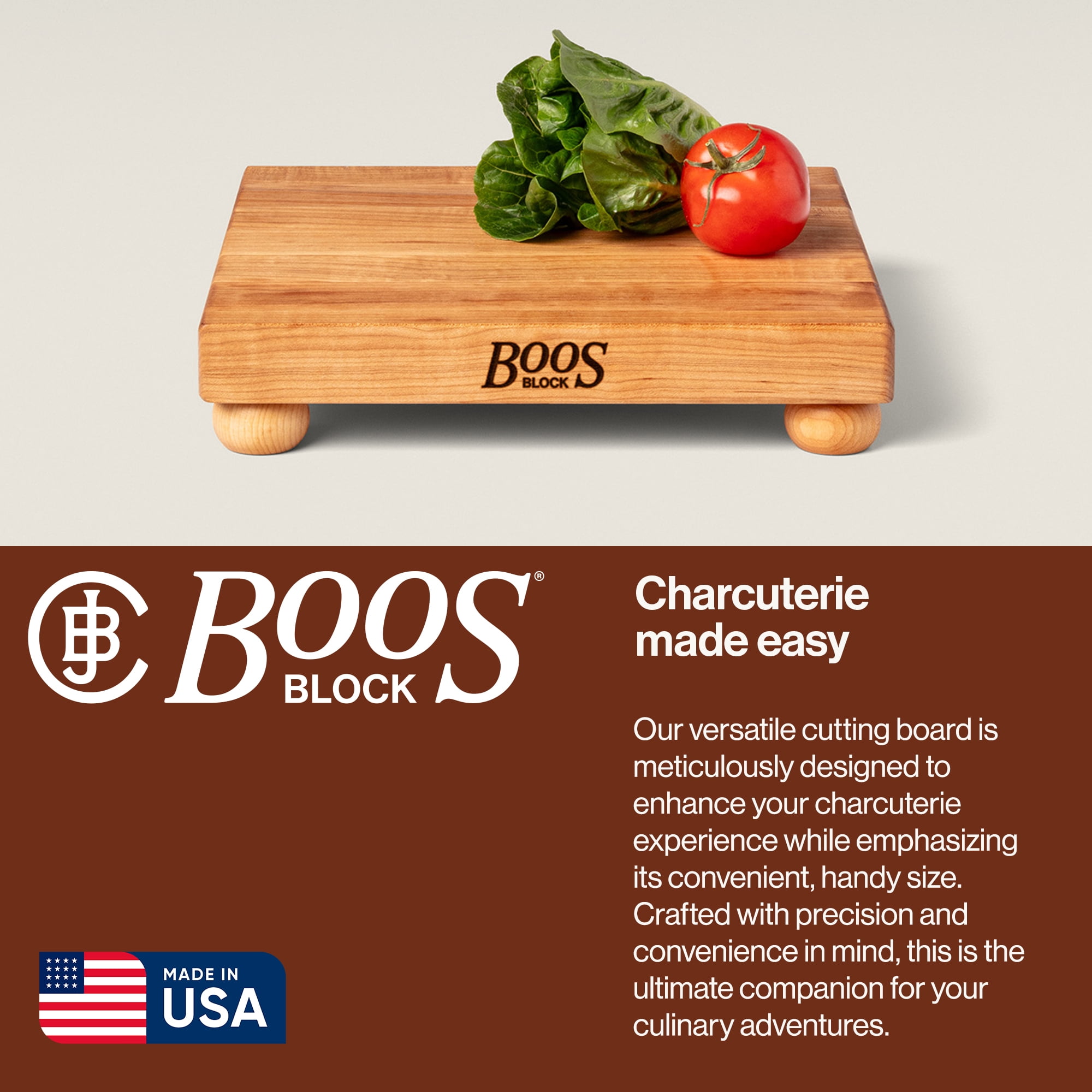 John Boos B Series Square Wood Cutting Board with Feet, 12" x 12", Maple