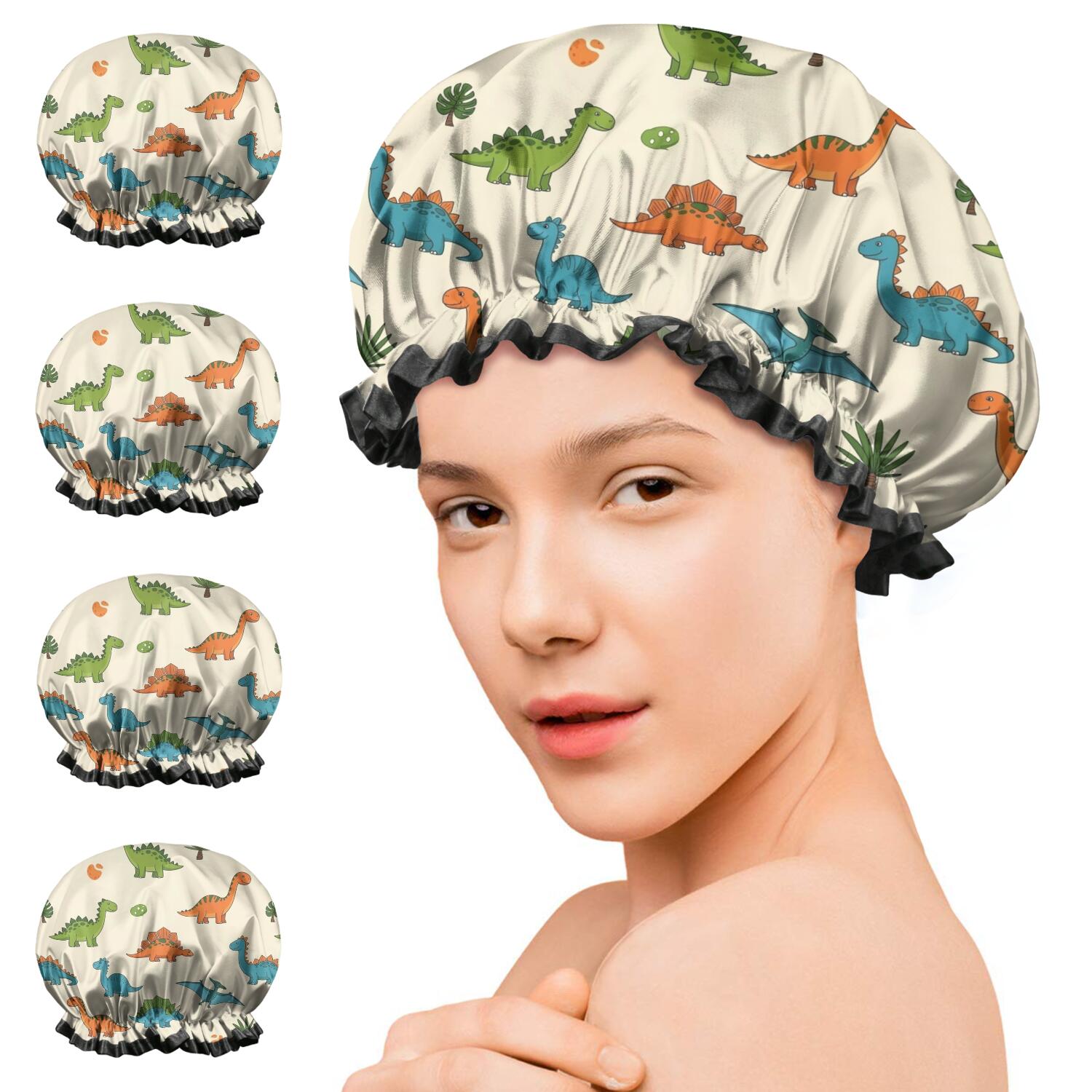 Shower Caps,Colorful Dinosaur and Leaf Pattern Waterproof Shower Cap for Women 4 Pieces,Double Reusable Hair Cover for Shower PEVA Elastic Stretch Hem