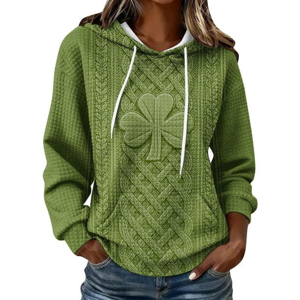 Camisetas de Verano Largas para Mujeres con Capucha de Manga Larga Impresa con Bolsillos para Uso Casual, Día de San Patricio, Primavera Y Verano