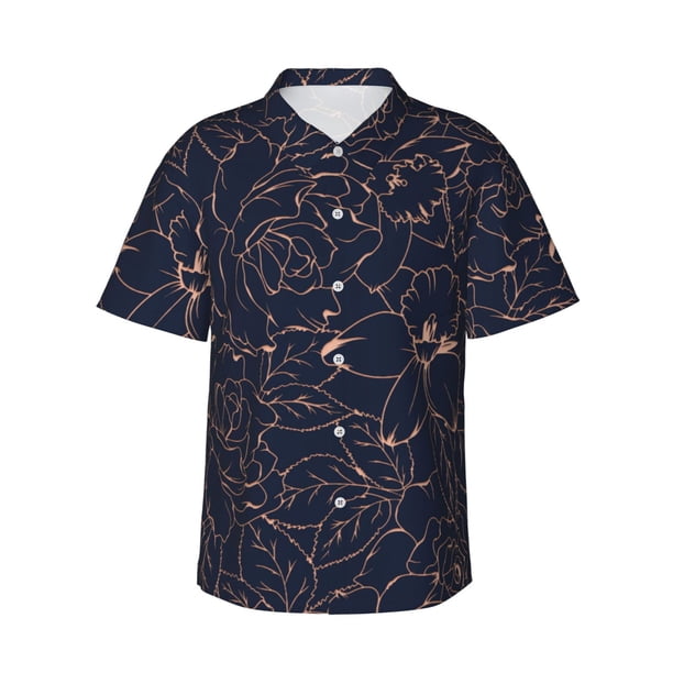 Fotbe Copper-Gold Gloss Outline Flower Camisa Hawaiana para Hombre Unisex – Camisa Casual de Verano con Botones de Manga Corta de Algodón y Lino,3X-Large