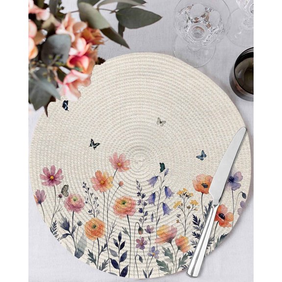 13 Inch Round Placemats Set of 6, Spring Floral Non Slip Heat Insulation PP Table Mats, Elegant Pastoral Flowers Watercolor Botanical Washable Place Mats for Kitchen Dining Party Table Decor