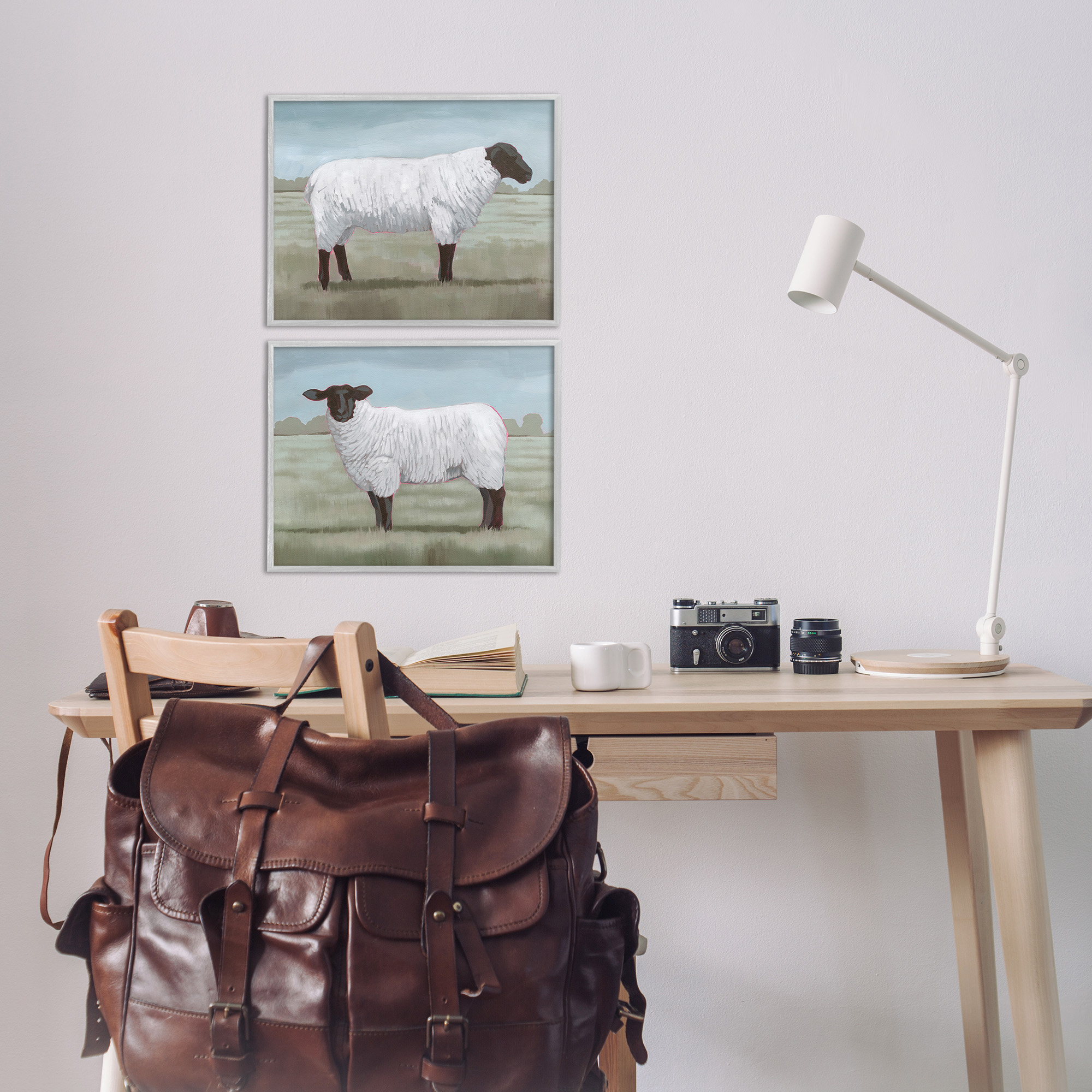 Stupell Industries Sheep Duo in Pasture Animals & Insects Painting Gray Framed Art Print Wall Art, 14 x 11, Set of 2