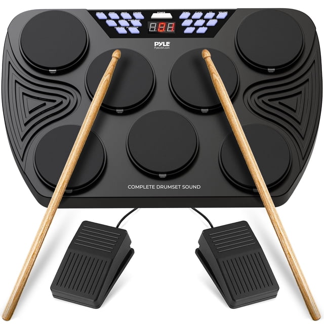 Pyle Electronic, máquina eléctrica portátil Bluetooth de mesa, 7 pads, toms, tambores, charles, platillos, bombo, controlador de pedal, USB, AUX, panel de pantalla LED (PTED08)