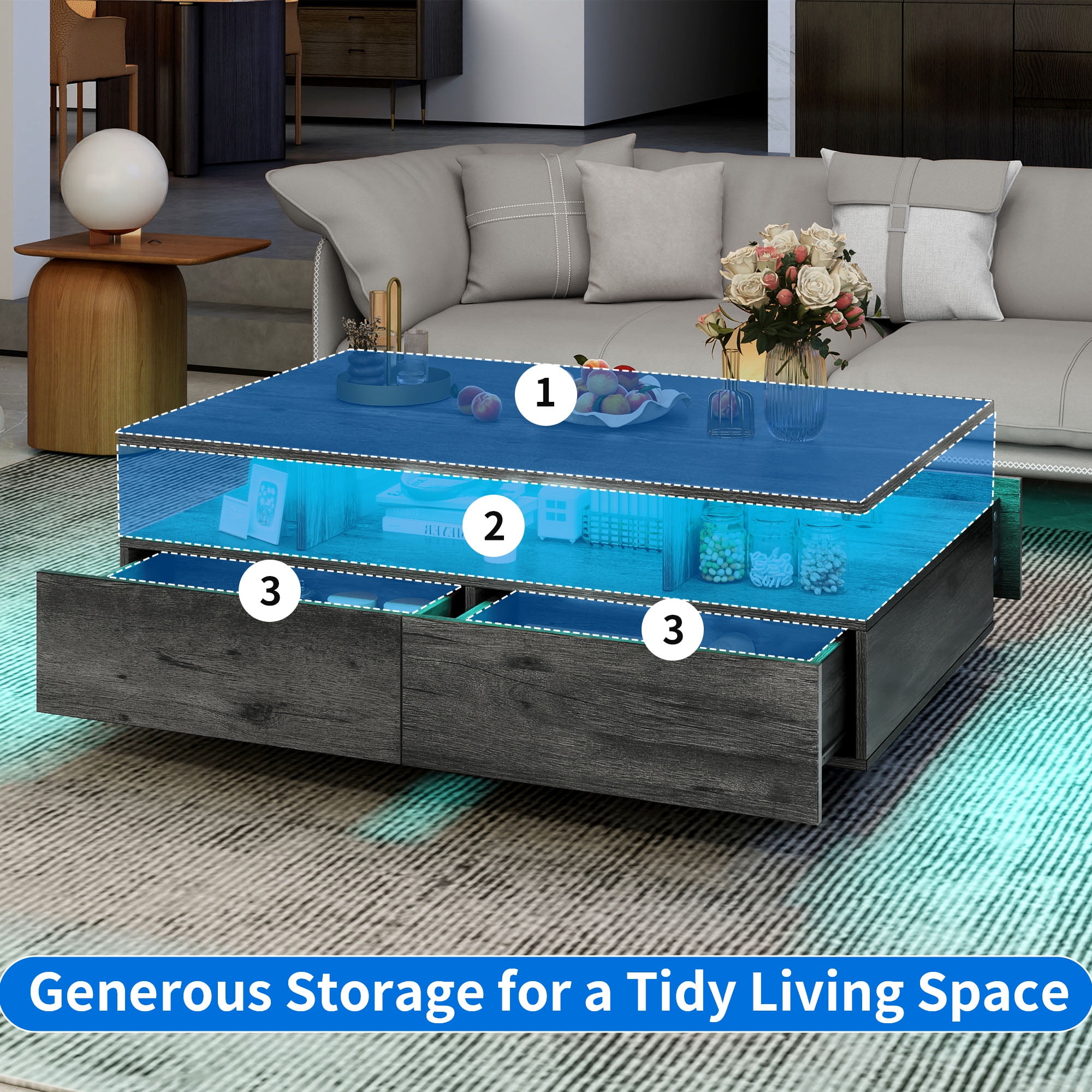 Uforic LED Coffee Table, Modern Center Tables with Storage for Living Room, Gray