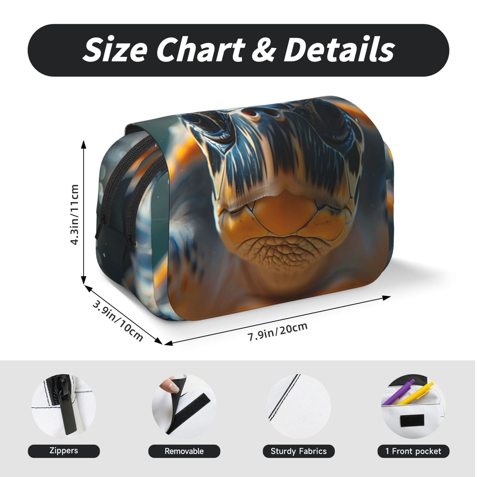 Rateoe Realistic Cute Sea Turtle Pattern Double Clamshell Pen Case, Storage Organizer with Two Zipper Compartments– Holds Up to 50 Pencils & Pens