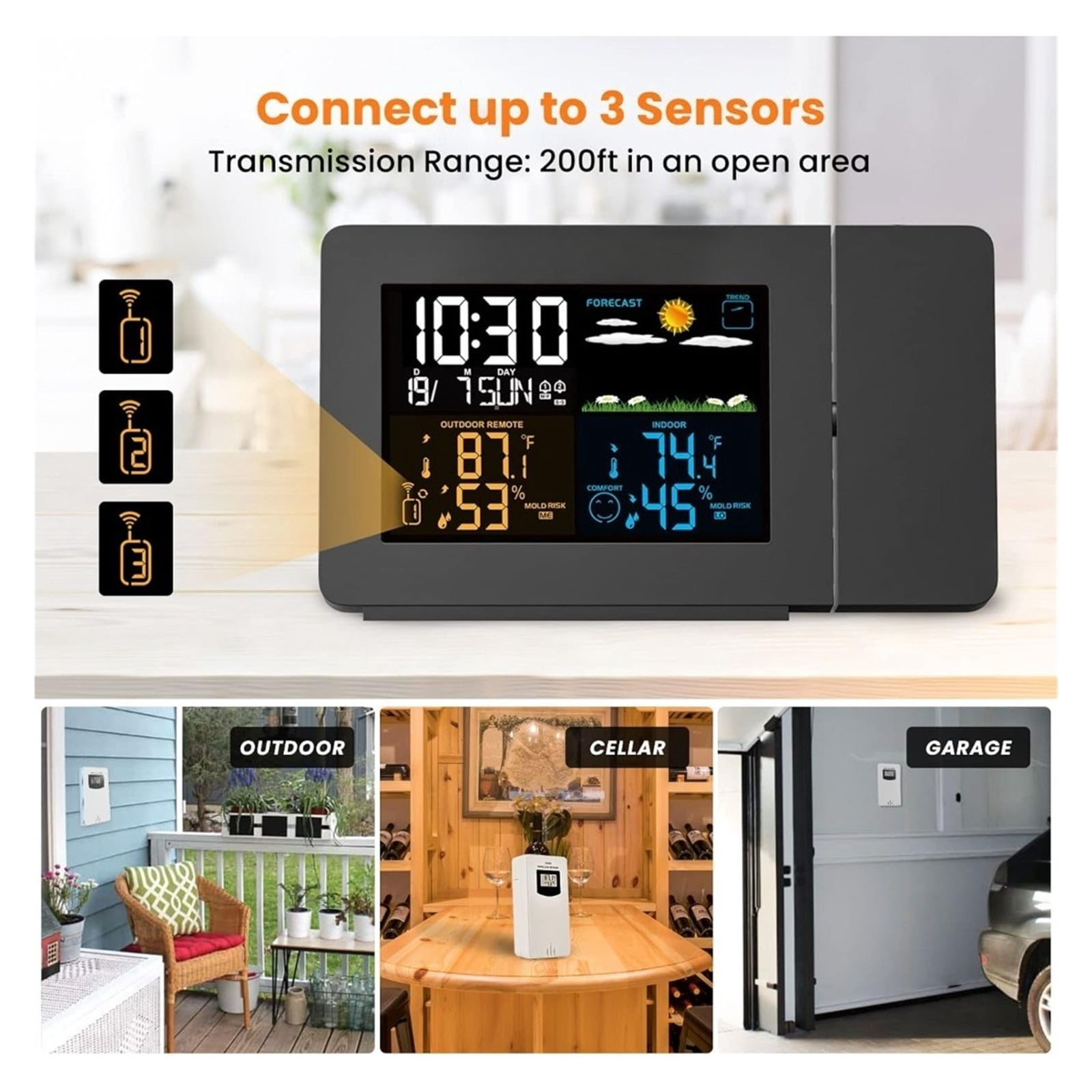 Wireless Projection Alarm Clock, Weather Station with Indoor Outdoor Sensor