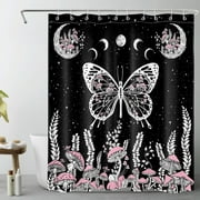 HVEST Mushroom and Butterfly Shower Curtain for Bathroom,Boho Starry Sky with Moon Phase and Country Plant Fabric Shower Curtain with Hooks,Black and White Bathroom Curtains Shower Set, 60x72 inches