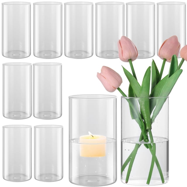 12 jarrones de cristal cilíndricos, florero de cristal transparente, portavelas de huracán para pilar, decoración de mesa de comedor, centro de mesa de fiesta de boda, decoración del hogar para mesas