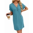 thumbnail image 3 of Robe T-Shirt Décontractée pour Femme à Col en V Mini Robes d'Été à Boutons à Manches Courtes Bleu Lac S, 3 of 10