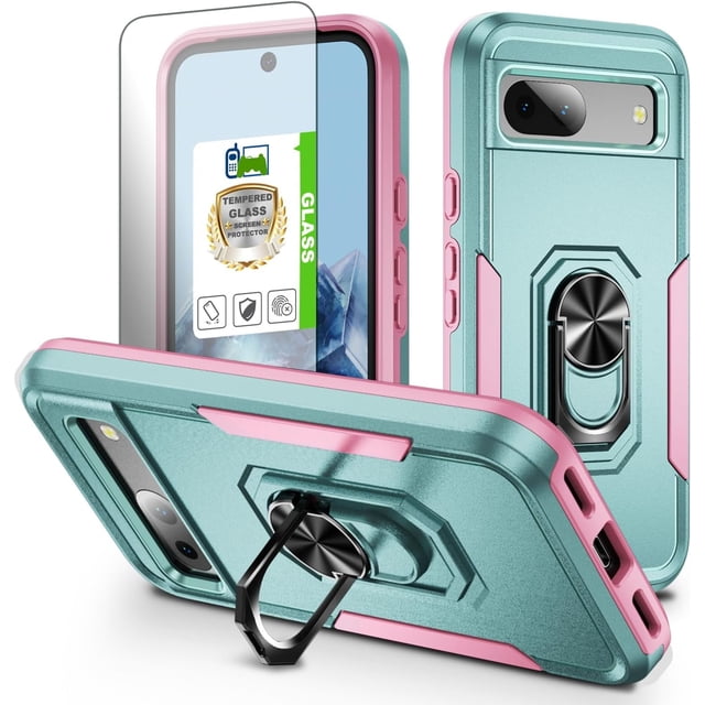 KOMI pour Google Pixel 8a, Étui avec Protecteur d'Écran, Béquille Anneau Réglable à 360 Intégré, Protection Militaire, Armure Antichoc - Vert