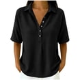 thumbnail image 2 of Naotn Summer Shirts for Women Fashion Casual Loose Fit Solid Color Snap Button Lapel Neck Short Sleeve Tops Trendy Vacation Beach Blouses, 2 of 7