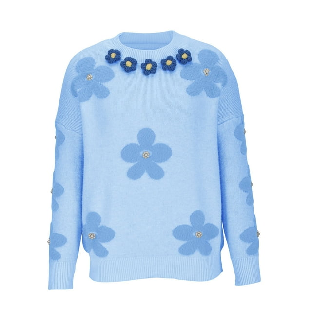 Timegard Chandails en Tricot pour Femmes Col Rond Manches Longues Chandail à Fleurs Automne Hiver Mignon Chaud Confortable