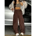 thumbnail image 4 of Women's High‑Waisted Brown Wide‑Leg Workwear Joggers – Multi‑Pocket, Y2K Streetwear, Plus Sizes, 4 of 7