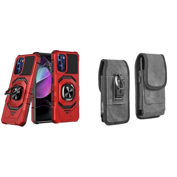 Case with Belt Holster Bundle for Moto G Stylus 5G 2022: Heavy Duty Shield Cover (Red) and Vertical Rugged Denim Nylon Phone Pouch