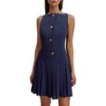 thumbnail image 2 of Women Sleeveless Business Work Office Mini Dress Sleeveless Button Formal Short Pleated Dress Royal Blue L, 2 of 7