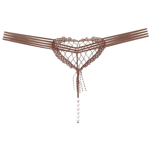 Gibobby Braguita cintura alta Bragas huecas en forma corazón sexy para mujer Bragas sexy línea en T con perlas cintura para mujer(Caqui,Talla única)