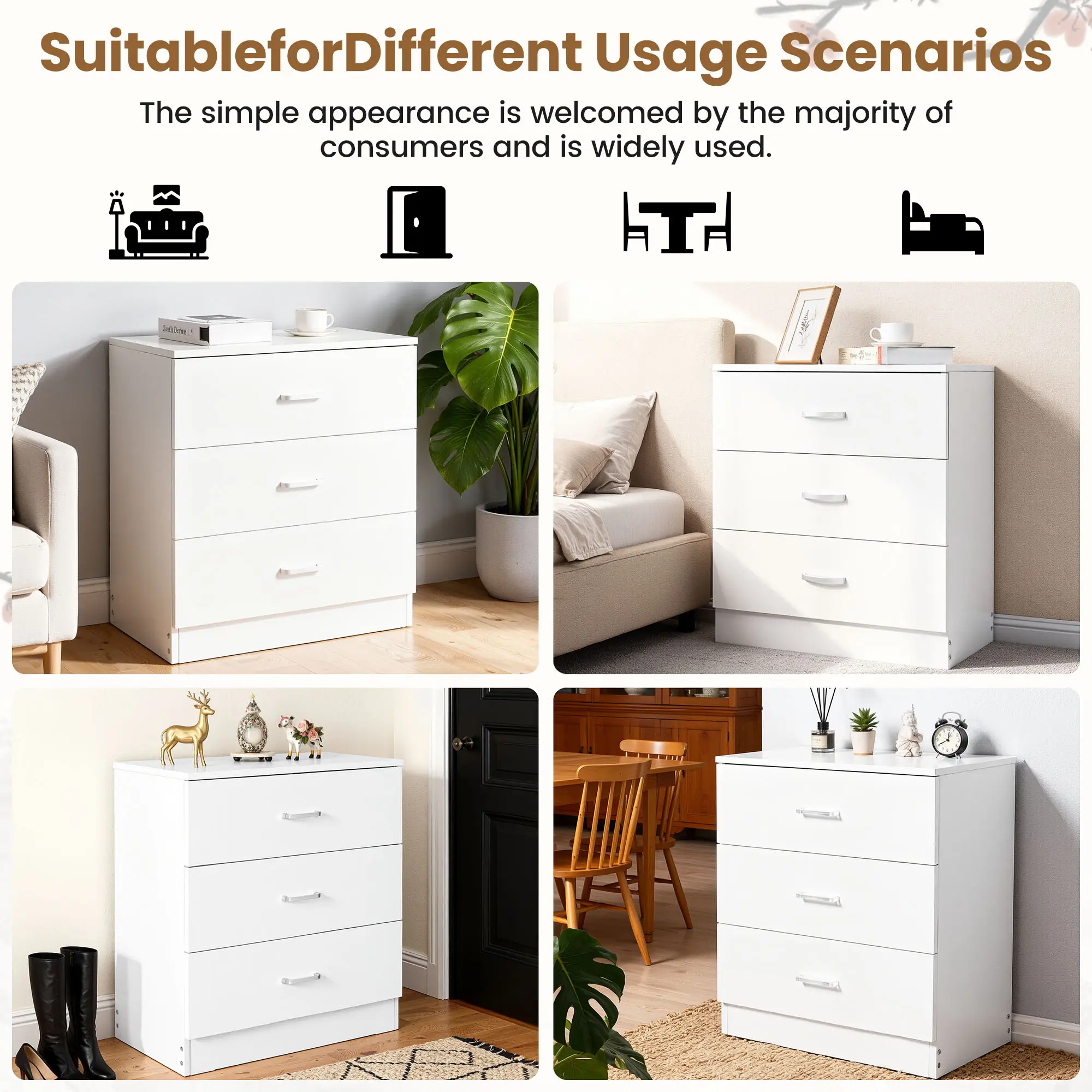Enyopro Dresser for Bedroom, Wood 3 Drawer Dresser Storage Drawer, White Living Room Hallway Closets Drawer Chest