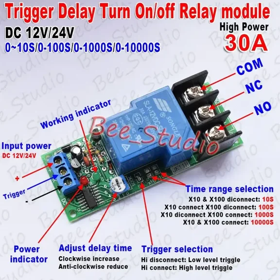 Time Delay Relay Module Circuit Timer Control Switch DC 12V 24V 30A Adjustable Conduction