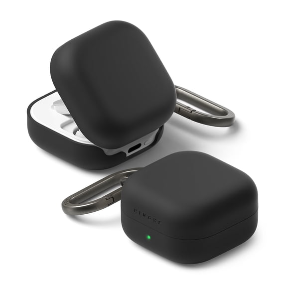 Ringke Silicone for Galaxy Buds 4 Pro / 4 Case, Shockproof Slim Dust-Resistant Cover with Carabiner & Strap Access - Black