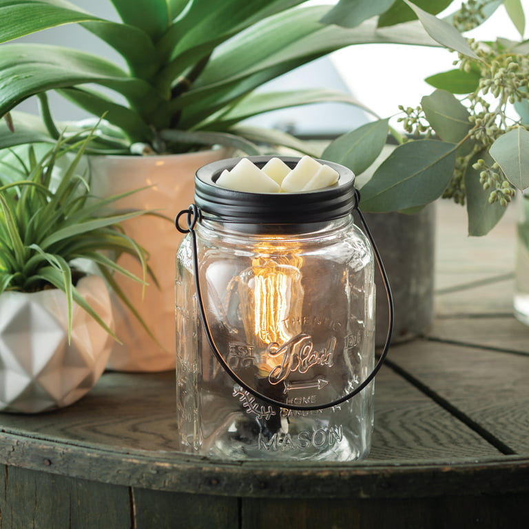 Candle Warmers Etc Vintage Bulb Mason Jar Fragrance Warmer Gift Set with Fresh Linen, Lavender & Ocean Tide Wax Melts, Clear
