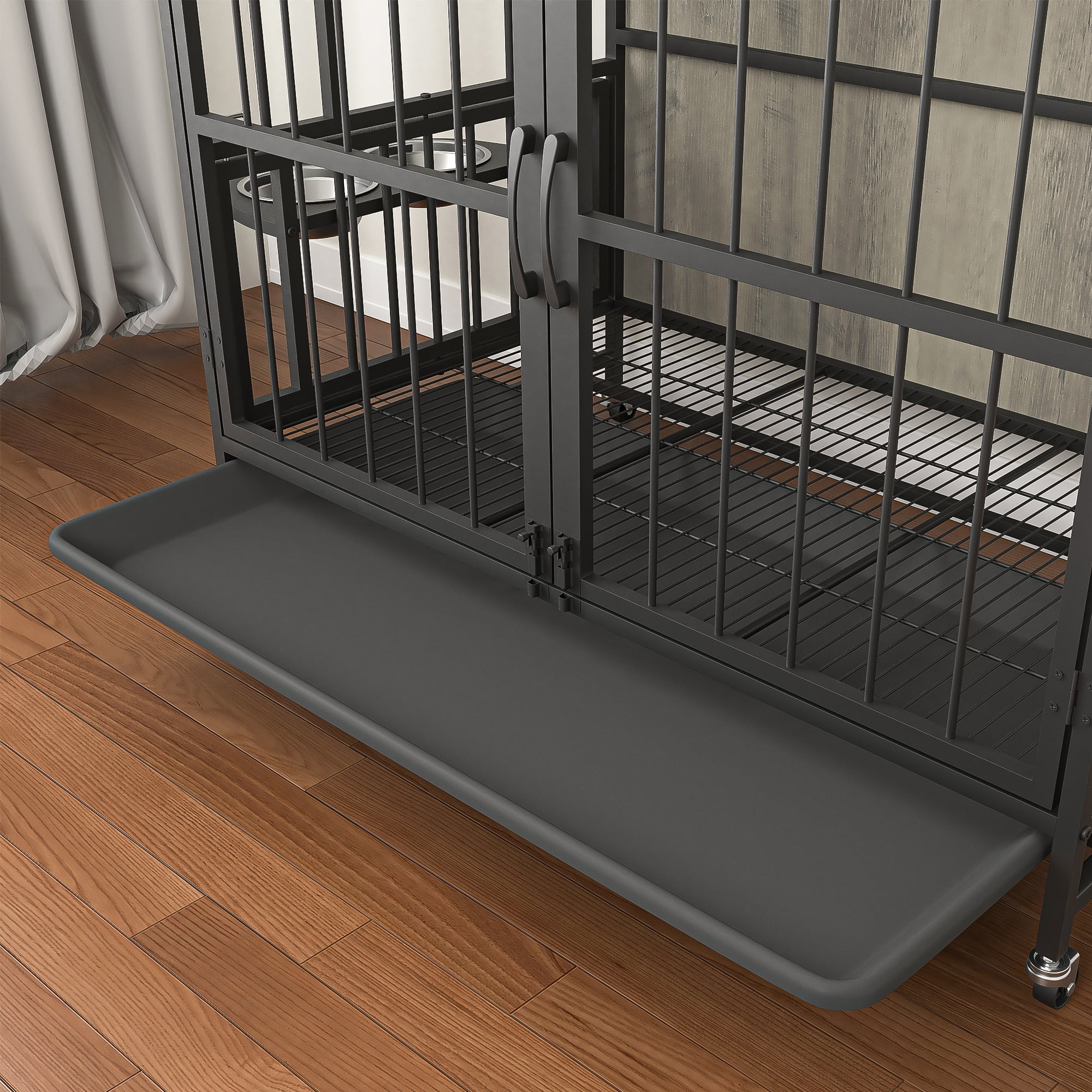 Hommoo Modern Kennel Dogs Room, Double-Door Dog House with Removable Tray, Lift Panel, Adjustable Feeding Bowls, Dog Crate Cage for up to 80 lb, Grey