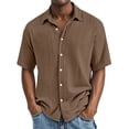 thumbnail image 3 of Men's Short Sleeve Button Down Shirt, Cotton Solid Color Textured Pleated Casual Shirt, Lightweight Loose Fit Beach Vacation Top for Men, Double Layer Crinkle Shirt Brown XXXL, 3 of 10