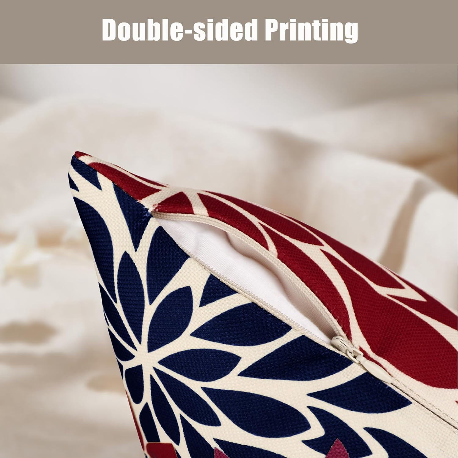 Blue and Red Floral Throw Pillow Covers 18x18 inch Set of 4 Outdoor and Indoor Farmhouse Decorative Linen Pillow Cover - Waterproof Pillow Covers for Patio Garden Living Room Bed Sofa