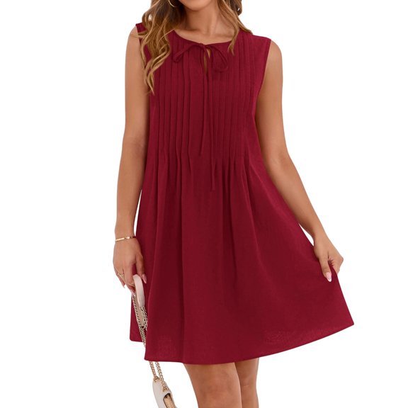 Aellinatey Womens Mini Dress Sleeveless Cute Bow Tie Front Loose Pleated Casual Short Dresses Pockets
