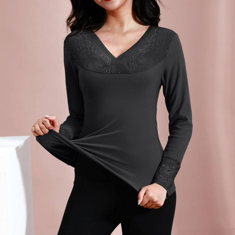 JDEFEG Thermal Underwear Women's Thermal Shirts Long Sleeve New Lace V Neck  Thermal Underwear Autumn and Winter Slim Fit Plush Bottomed Shirt