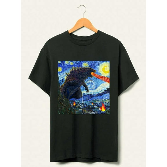 Vintage Godzilla Starry Night T-Shirt, Godzilla Van Gogh Starry Night Shirt, Monster, Dadzilla