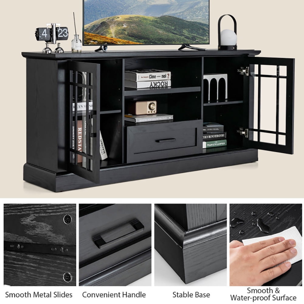Finihen TV Stand, TV Cabinet, TV Stand for TVs up to 70 with Glass Doors Cubbies and Drawer, for Living Room, Black