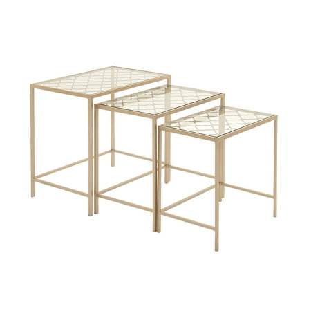 Art Deco Nesting Tables - DecMode Metallic Gold Metal & Glass Nesting Accent Tables w/ Quatrefoil Grid Pattern | Set of 3